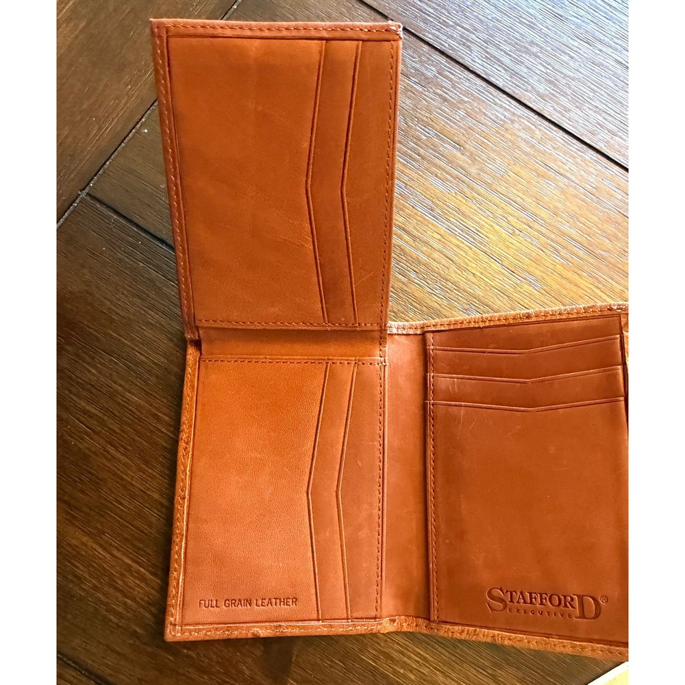 Stafford Executive Mens Trifold Wallet Tan Brown Ostrich Embossed Leather New